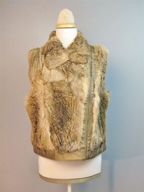 Christina Rotelli Genuine Leather & Rabbit Fur Boho Vest Asymmetrical Zip EUC